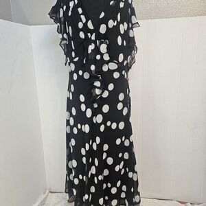 JBS LTD BLACK & WHITE POLKA DOT DRESS SLEEVELESS/RUFFLED SIZE 18 TEACHER OFFICE